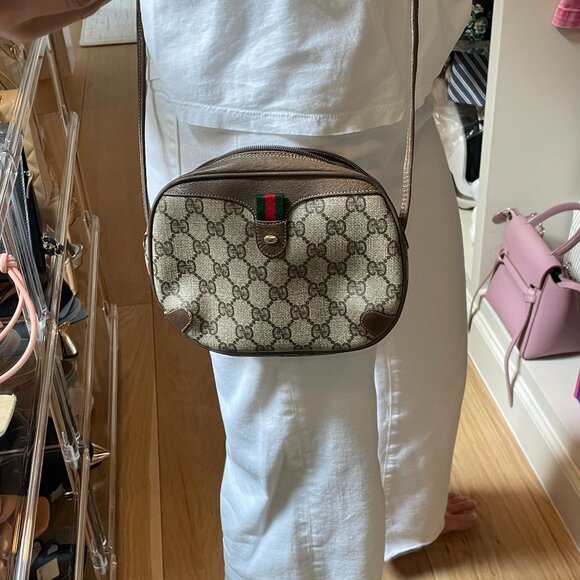 Gucci Vintage GG Logo Plus Crossbody Bag Color Brown and Tan - Picture 1 of 6
